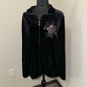 Vintage Jaclyn Smith Black Velvet Track Jacket Full Zip Floral Embroidered XL